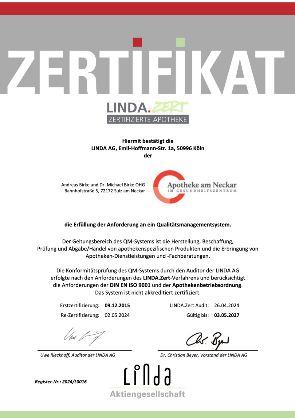 LINDA.CERT Zertifikat
